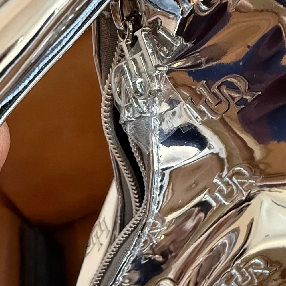 Huda Beauty Metallic Silver Shoulder Bag with Monogram Detail